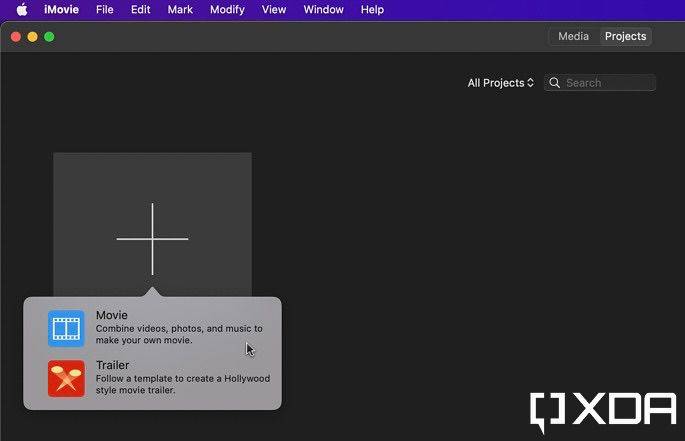 choosing to create a movie on the main imovie page