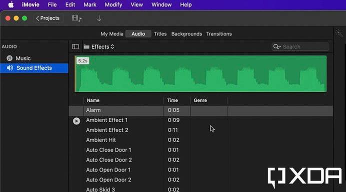 audio section of iMovie trailer
