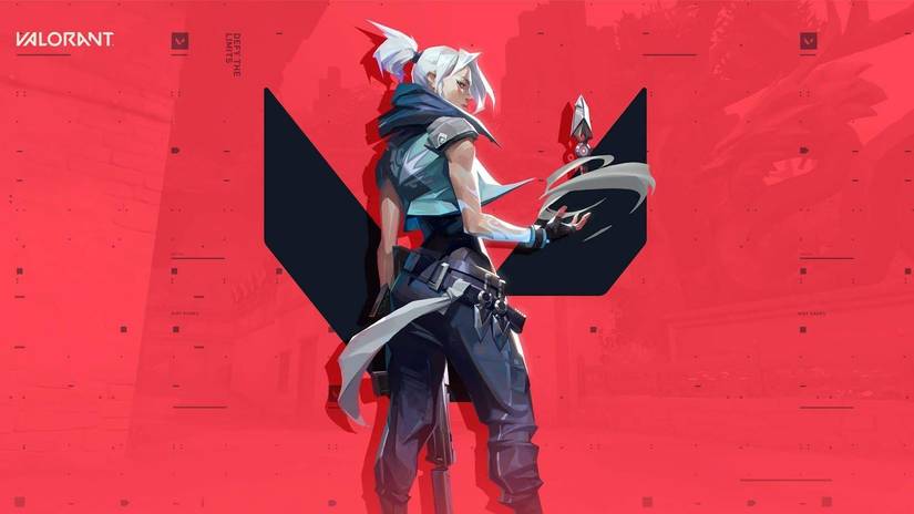 A Valorant character in front of the games logo, with a red screen behind