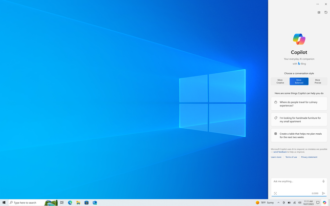 Screenshot of a Windows 10 desktop with Copilot open