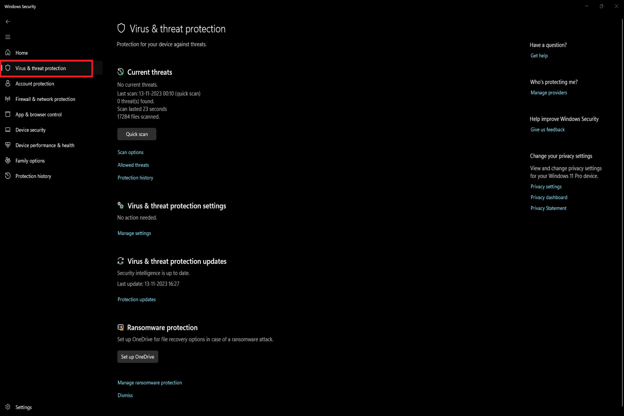 The image shows the "Virus & threat protection" section of the Windows Security application, with the menu item selected on the left and details of a recent quick scan on the right, indicating no current threats