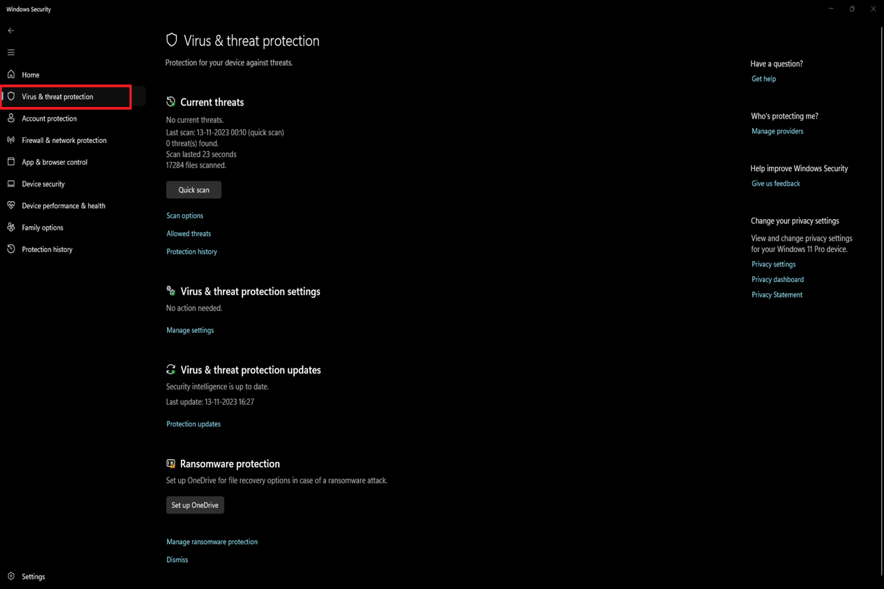The image shows the "Virus & threat protection" section of the Windows Security application, with the menu item selected on the left and details of a recent quick scan on the right, indicating no current threats