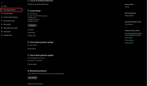 The image shows the "Virus & threat protection" section of the Windows Security application, with the menu item selected on the left and details of a recent quick scan on the right, indicating no current threats