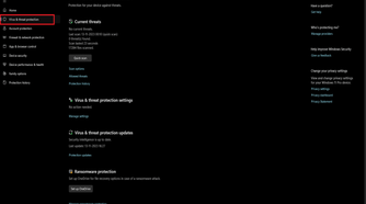 The image shows the "Virus & threat protection" section of the Windows Security application, with the menu item selected on the left and details of a recent quick scan on the right, indicating no current threats