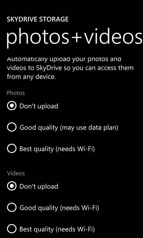 Screenshot of Windows Phone photos and videos settings