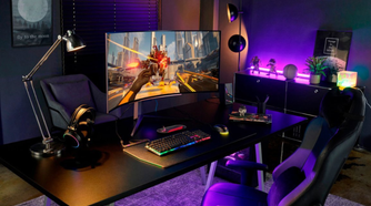 LG UltraGear 45” OLED Curved Gaming Monitor on desk in gaming room with RGB lighting