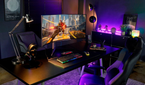 LG UltraGear 45” OLED Curved Gaming Monitor on desk in gaming room with RGB lighting