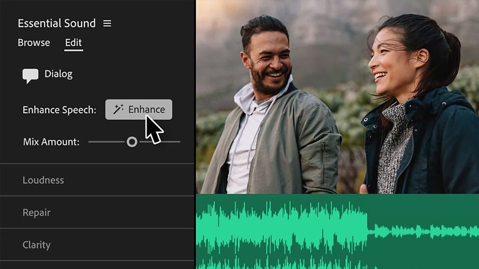 Adobe premiere pro displaying the enhance speech feature