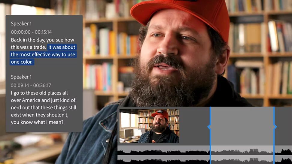 Adobe premiere pro showing transcript next to a speaker and audio waves 