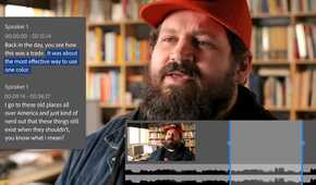 Adobe premiere pro showing transcript next to a speaker and audio waves