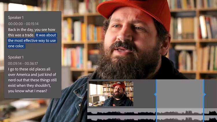 Adobe premiere pro showing transcript next to a speaker and audio waves