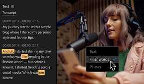 Adobe premiere pro showing the filter words option on a video next to its transcript