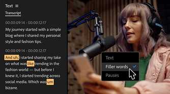 Adobe premiere pro showing the filter words option on a video next to its transcript
