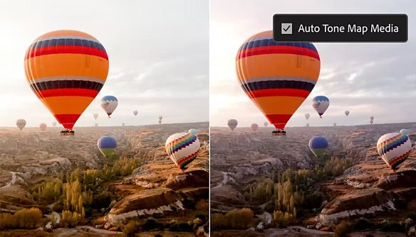 Adobe premiere pro showing before and after videos with auto tone map media toggle enabled