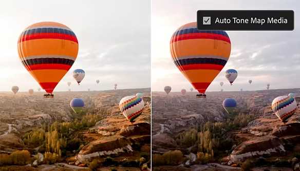 Adobe premiere pro showing before and after videos with auto tone map media toggle enabled
