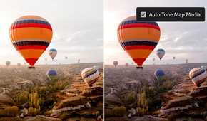 Adobe premiere pro showing before and after videos with auto tone map media toggle enabled