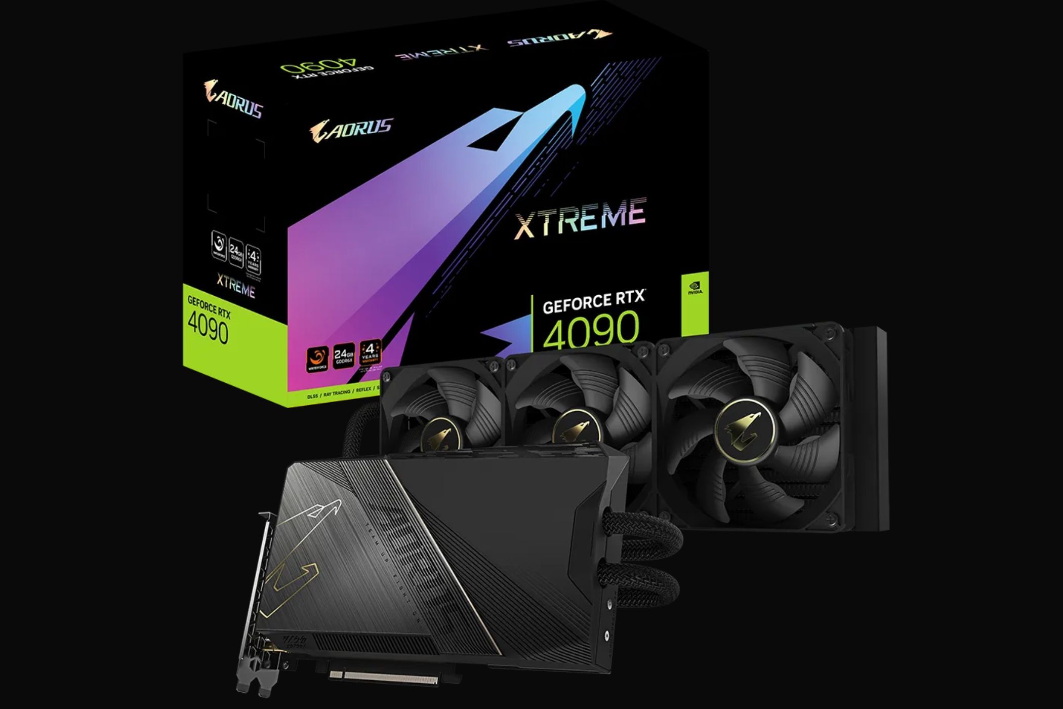 A render showing the Gigabyte Aorus GeForce RTX 4090 Extreme graphics card.