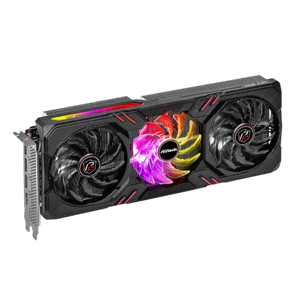 render of an asrock phantom gaming intel arc a770 graphics card shown at an angle