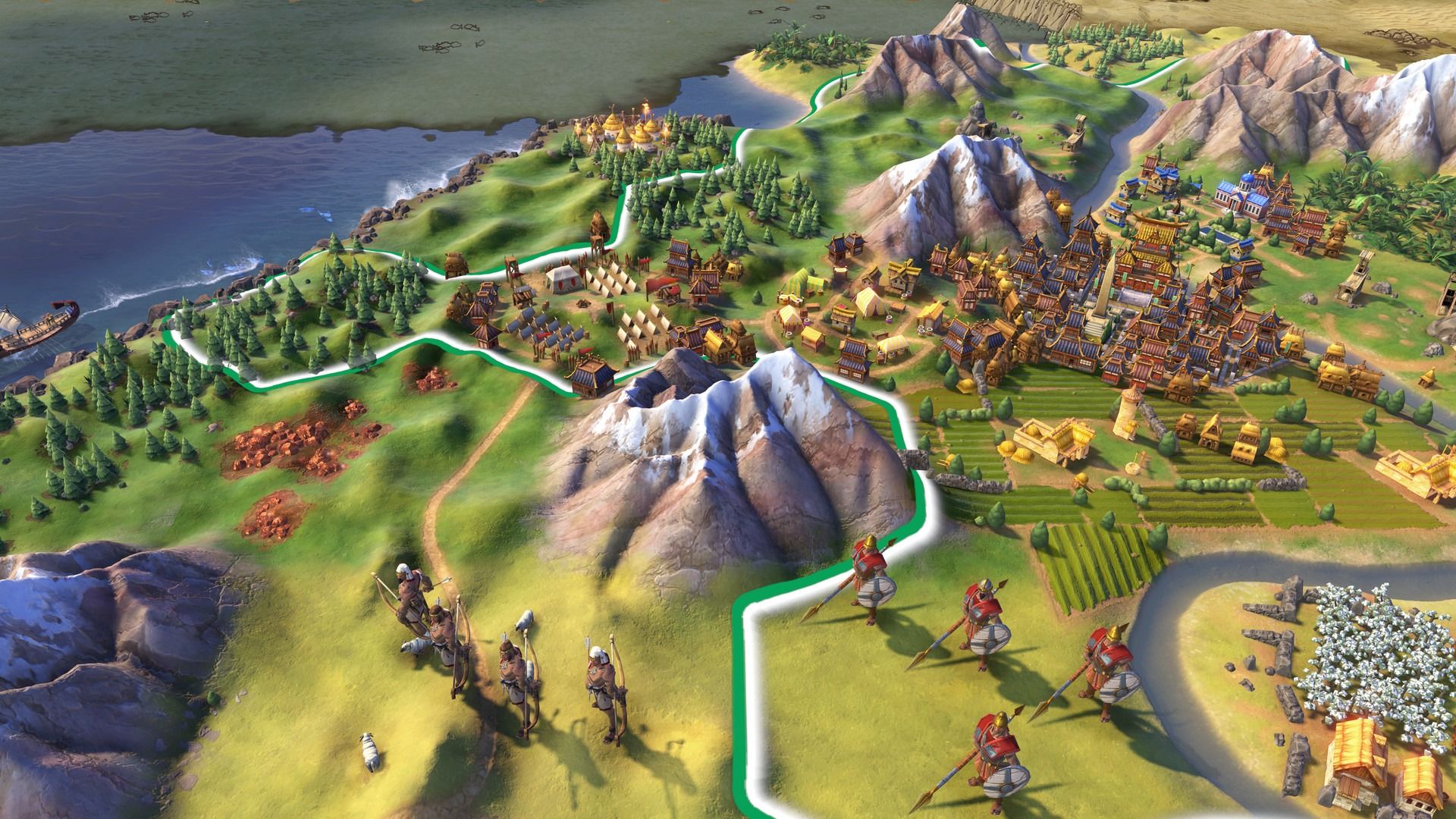 An overhead view of a civilization in the game Civilization VI.