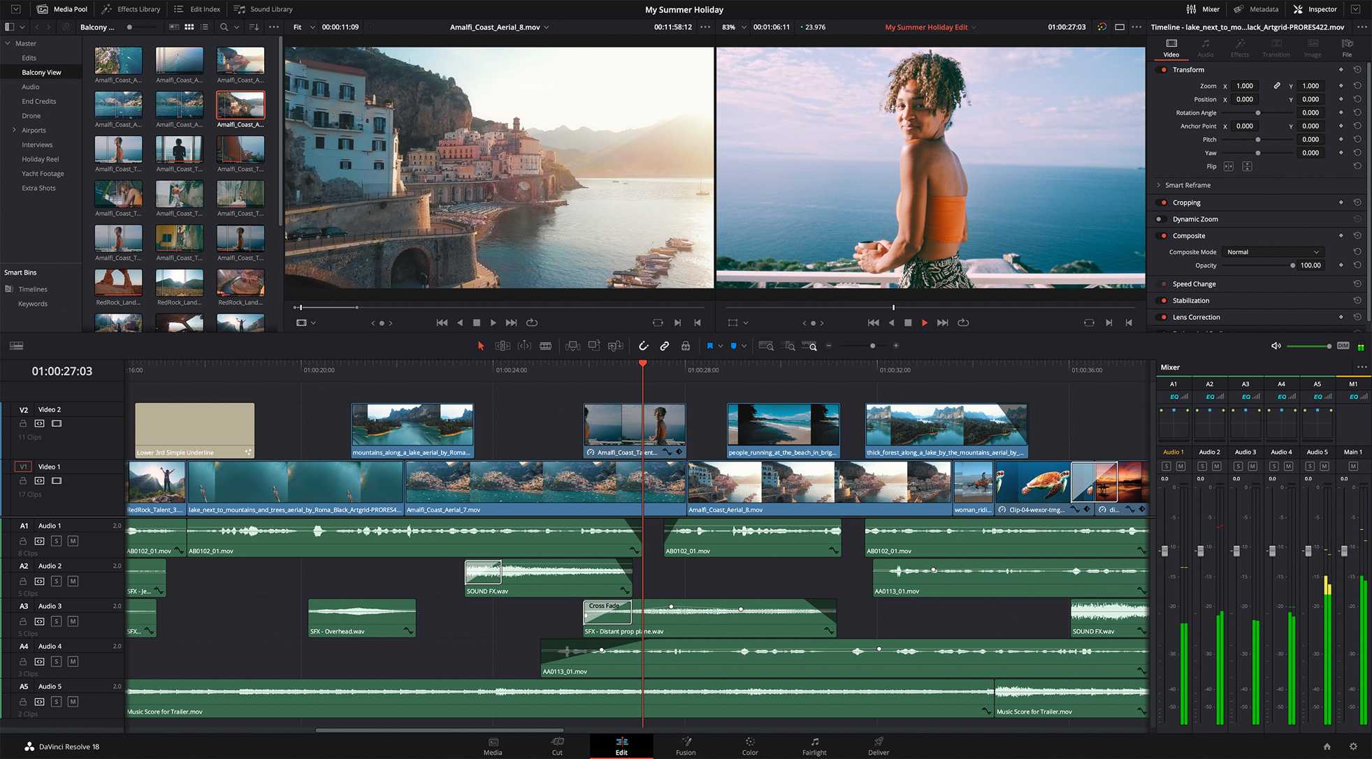 DaVinci Resolve editing footage, showing audio tracks and different video clips