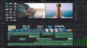 DaVinci Resolve editing footage, showing audio tracks and different video clips