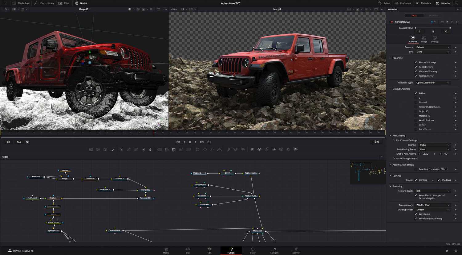 DaVinci Resolve showing 3D renderings of a jeep