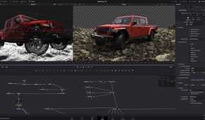 DaVinci Resolve showing 3D renderings of a jeep