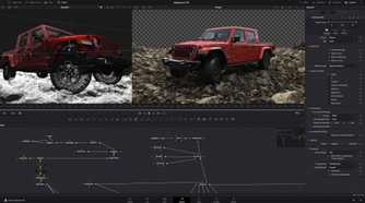 DaVinci Resolve showing 3D renderings of a jeep