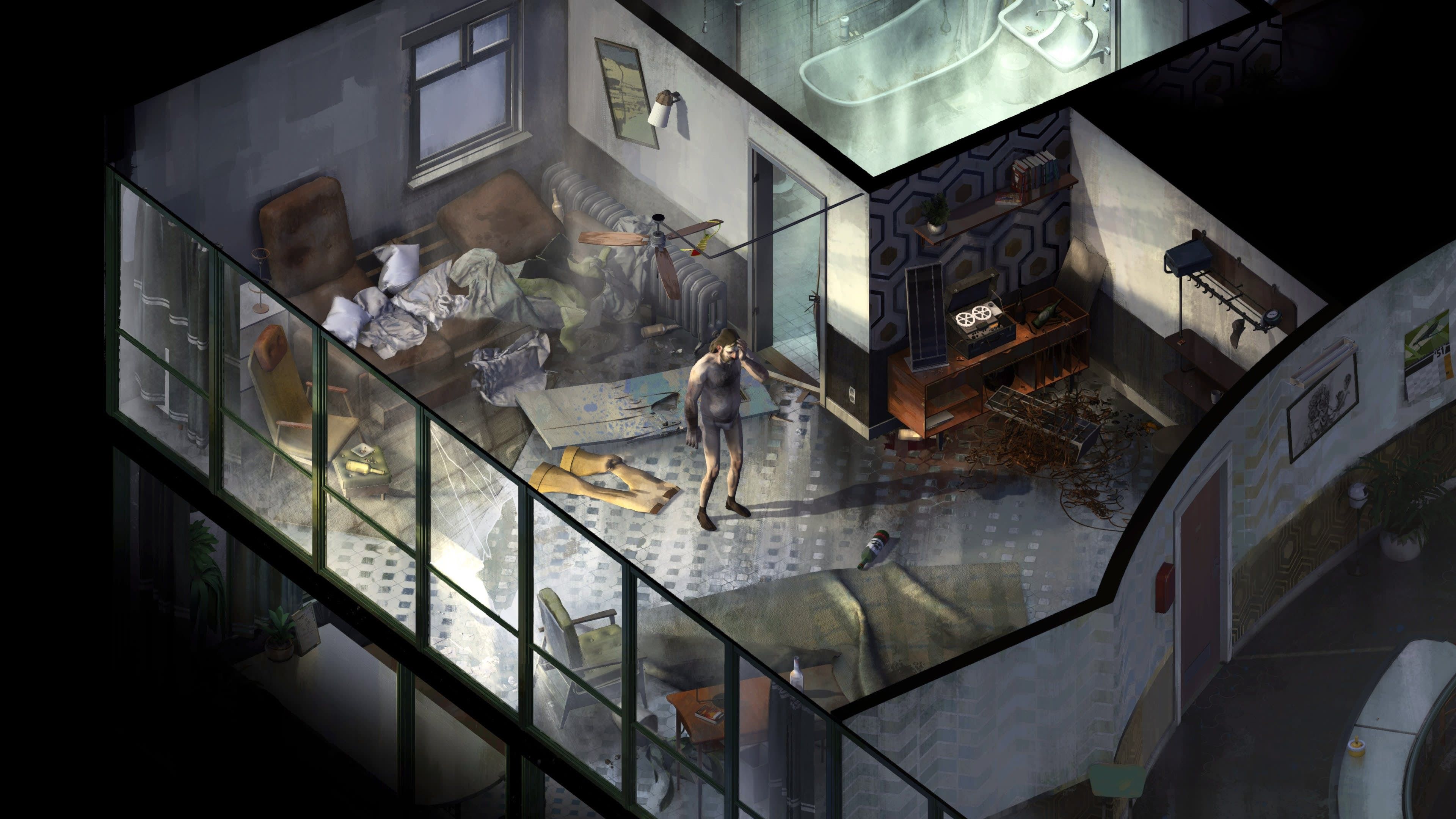 A character standing in a messy bedroom in the game Disco Elysium.