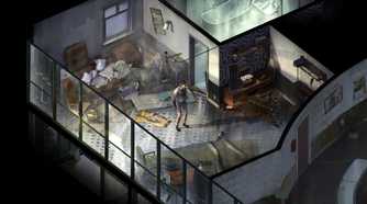 A character standing in a messy bedroom in the game Disco Elysium.