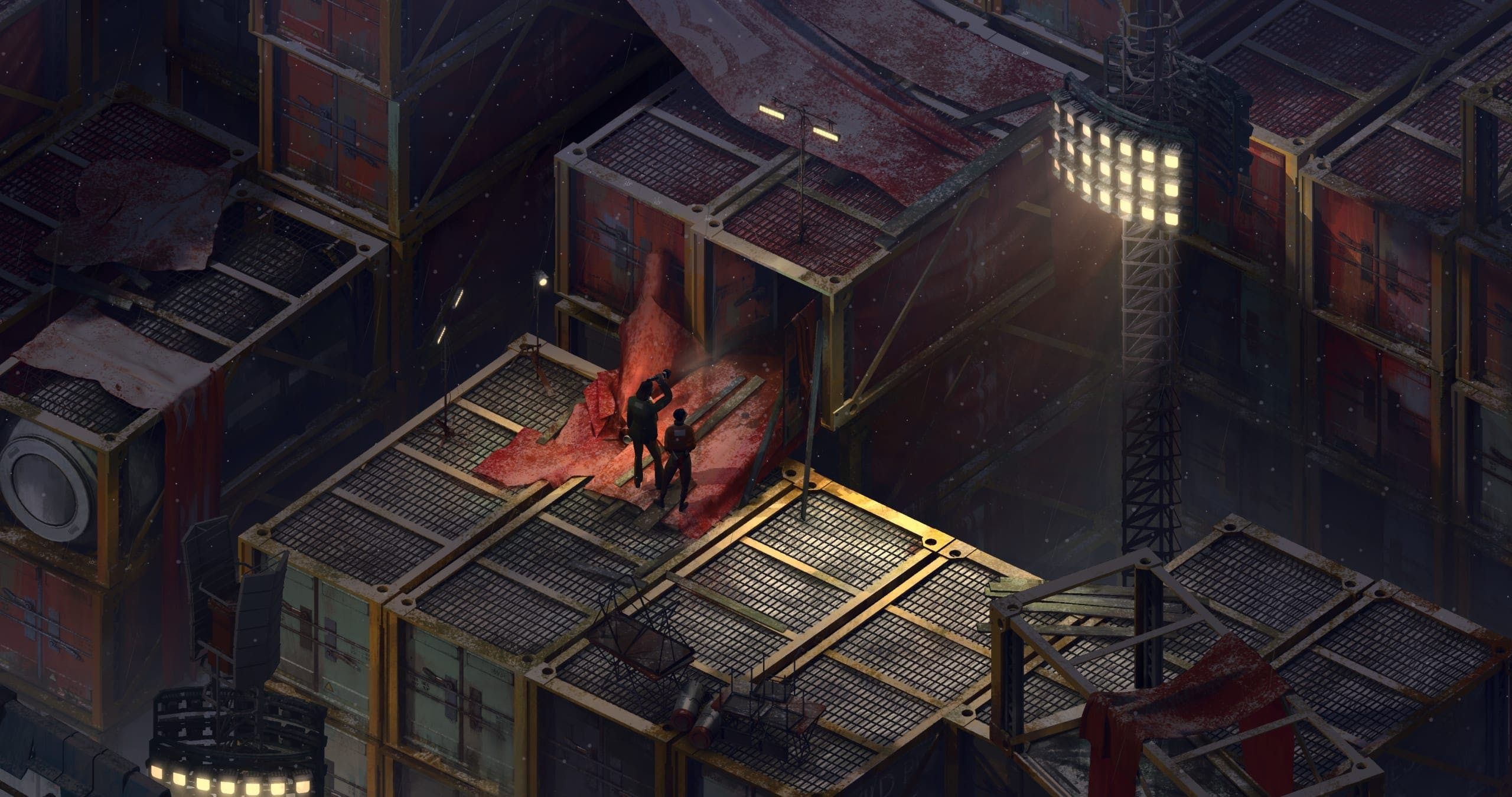 Two players viewed from overhead on a platform in the game Disco Elysium.