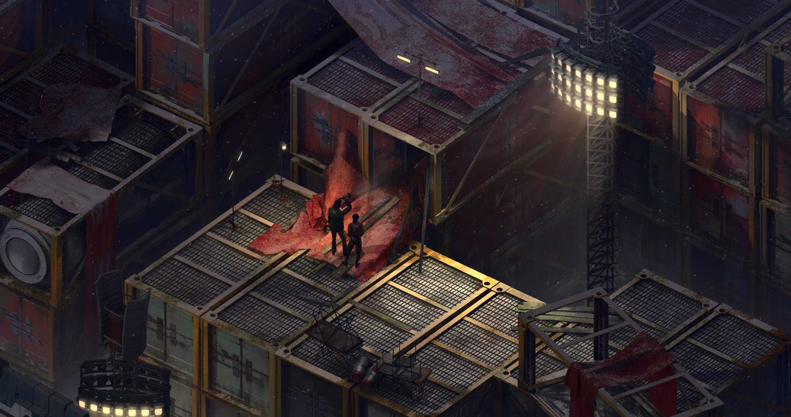 Two players viewed from overhead on a platform in the game Disco Elysium.