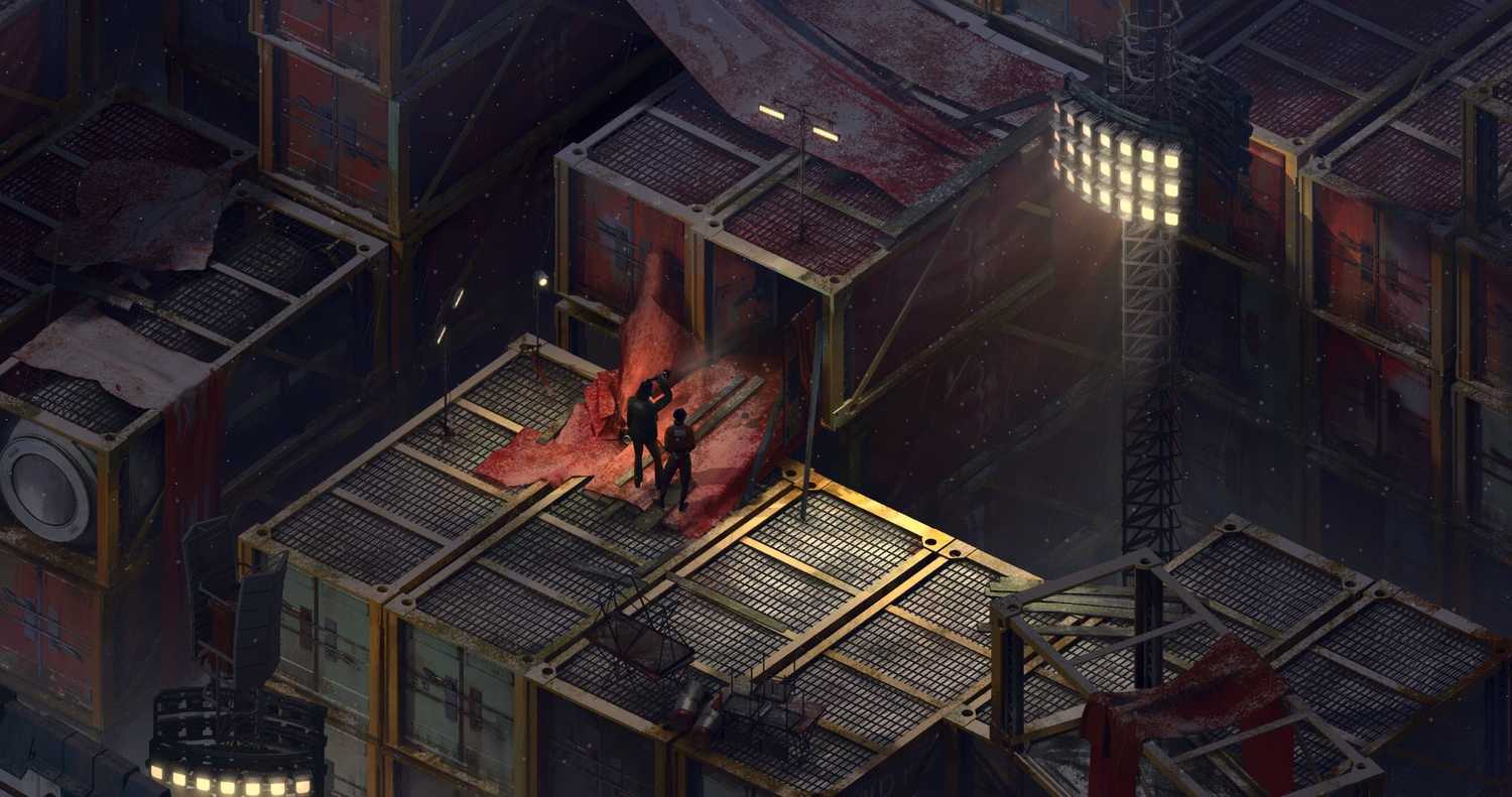 Two players viewed from overhead on a platform in the game Disco Elysium.