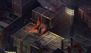 Two players viewed from overhead on a platform in the game Disco Elysium.