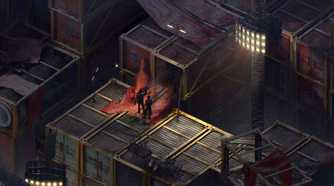 Two players viewed from overhead on a platform in the game Disco Elysium.