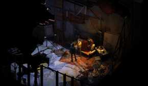 A dark scene with two players talking in the game Disco Elysium.