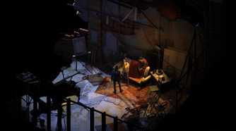 A dark scene with two players talking in the game Disco Elysium.