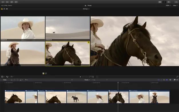 Final cut pro showing multiple footages of horses placed side by side