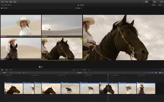 Final cut pro showing multiple footages of horses placed side by side