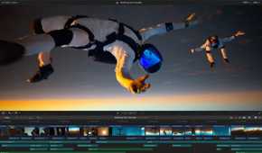 Final cut pro showing different audio tracks under a video of people sky diving