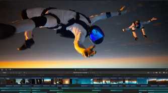 Final cut pro showing different audio tracks under a video of people sky diving