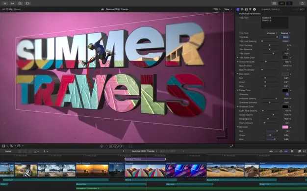 Final cut pro displaying a colorful "Summer Travels" title in a video