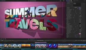 Final cut pro displaying a colorful "Summer Travels" title in a video