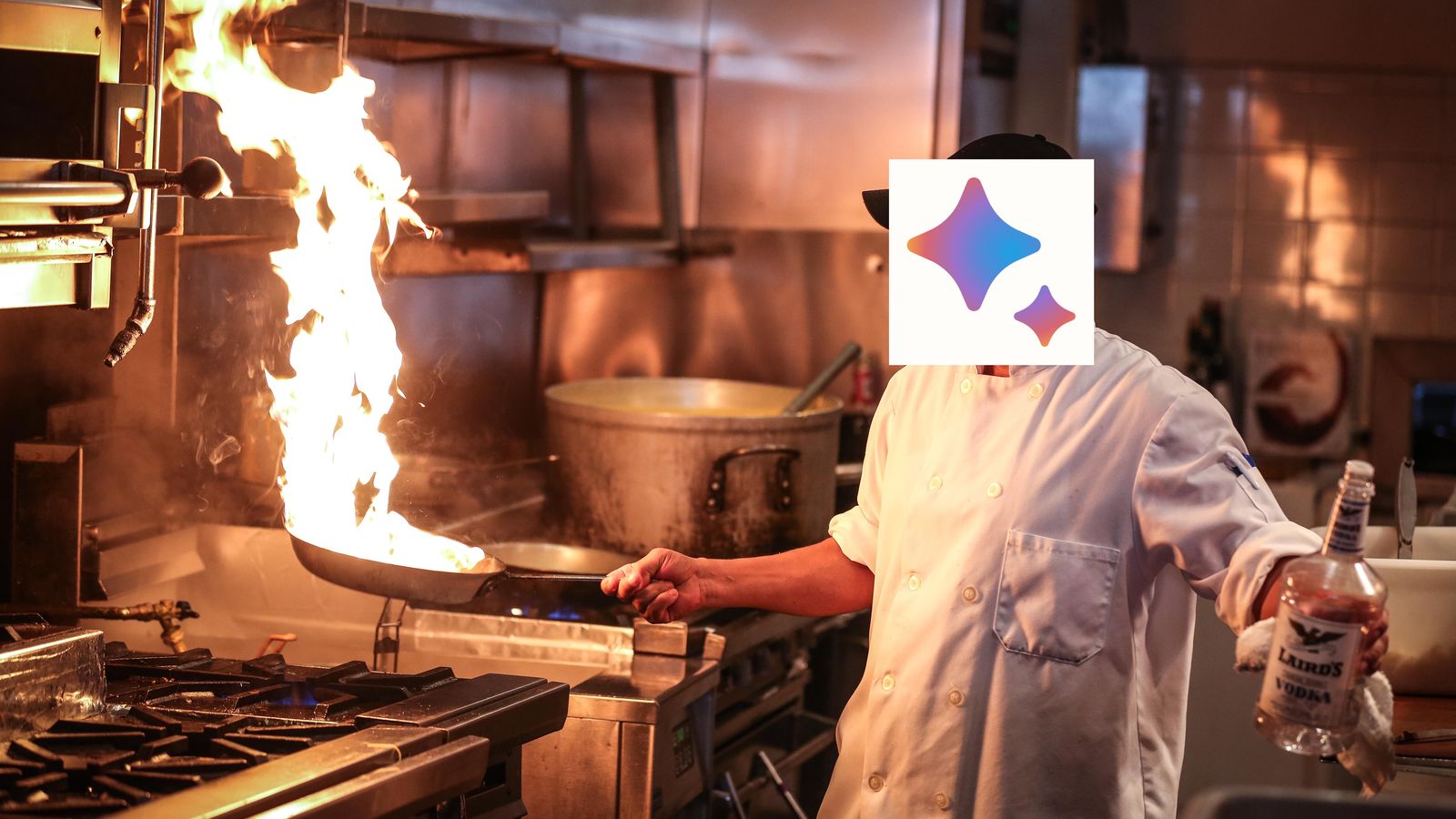 Man cooking in a kitchen with the pan on fire and a Google Bard logo over his face