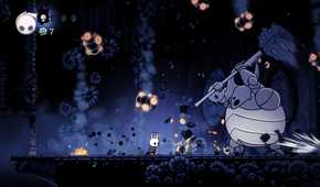 A dark battle scene from the game Hollow Knight.