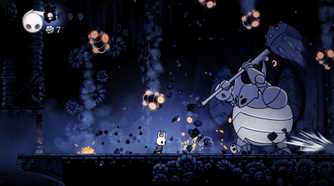 A dark battle scene from the game Hollow Knight.