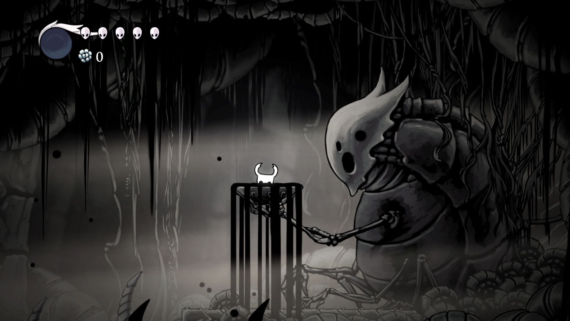 A black and white scene with a creature from the game Hollow Knight.