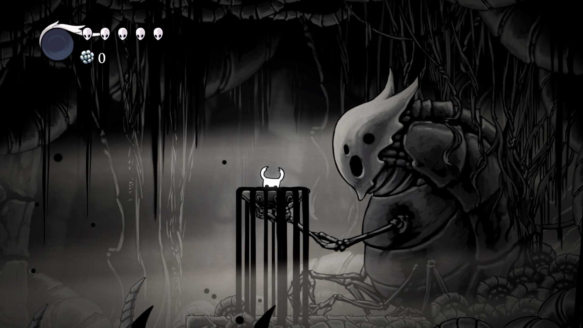 A black and white scene with a creature from the game Hollow Knight.