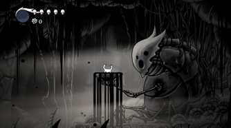 A black and white scene with a creature from the game Hollow Knight.