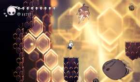 A bright scene with a character jumping on a platform from the game Hollow Knight.